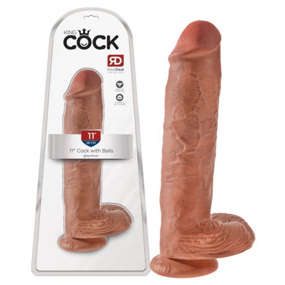 King Cock 11 - stor dildo med sugfot och pung (28cm) - mörk natur