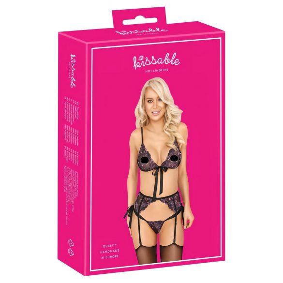 Kissable - rosa-lila broderad bh-set (svart)