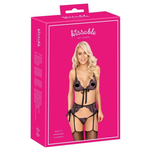 Kissable - rosa-lila broderad bh-set (svart) - L/XL