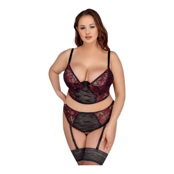 Cottelli Plus Size - bh-set med strumpeband (svart-röd)