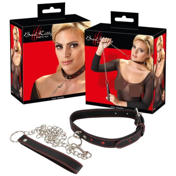 Bad Kitty - Heart Collar with Metal Leash (Black-Red) 