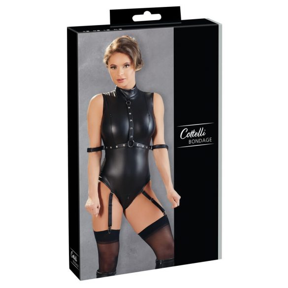 Cottelli Bondage - ärmlös, glänsande body med handbojor (svart) - XL