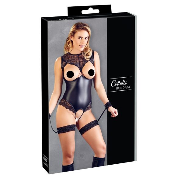 Cottelli Bondage - glänsande öppen body med handbojor (svart) - XL