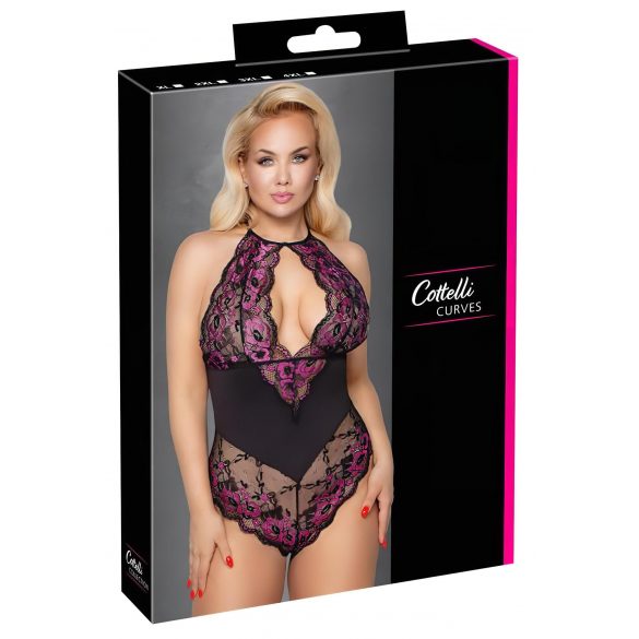 Cottelli Plus Size - blommig body (svart-lila)