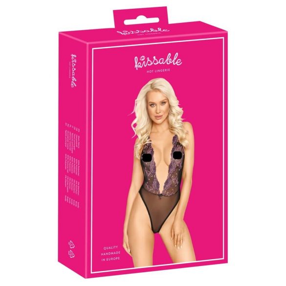 Kyssbar - rosa broderad body (svart) - L/XL