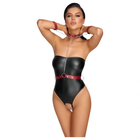 Cottelli Bondage - Glossy Bodysuit with Arm Restraints (Black-Red)  - M