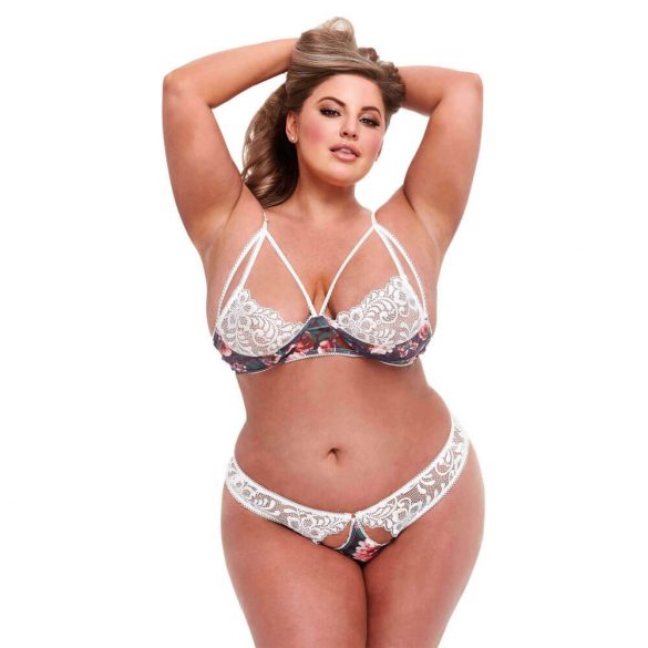 Baci Plus Size - Blommig spetsbehå och öppen rygg trosor